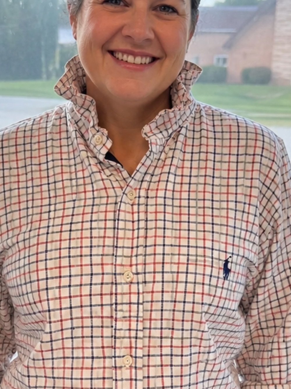 Repurposed Ralph Lauren White Button-Down Shirt with Red & Navy Windowpane Check